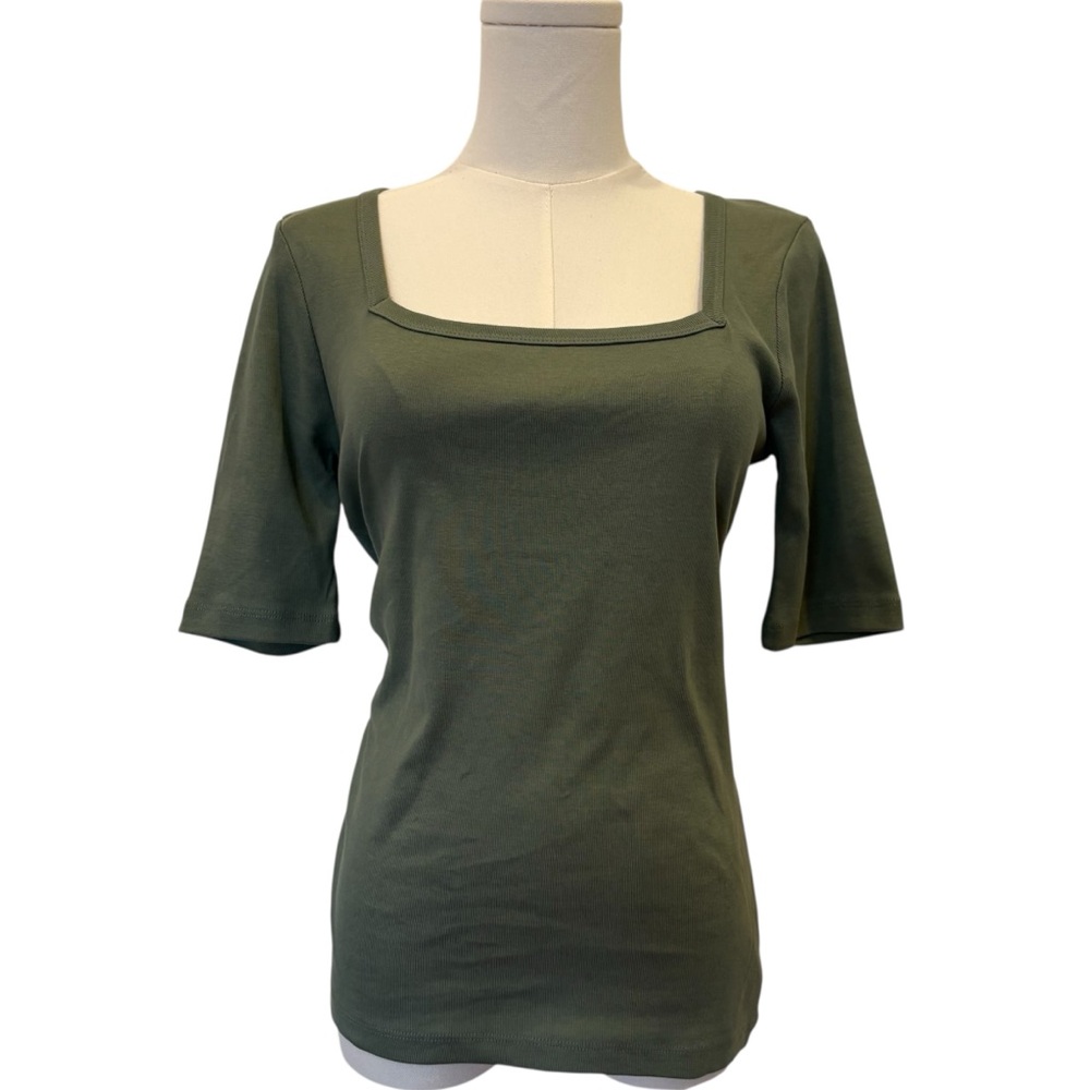 Magaschoni Square Neck Top | Short Sleeve |100% Cotton | Green | Size Medium